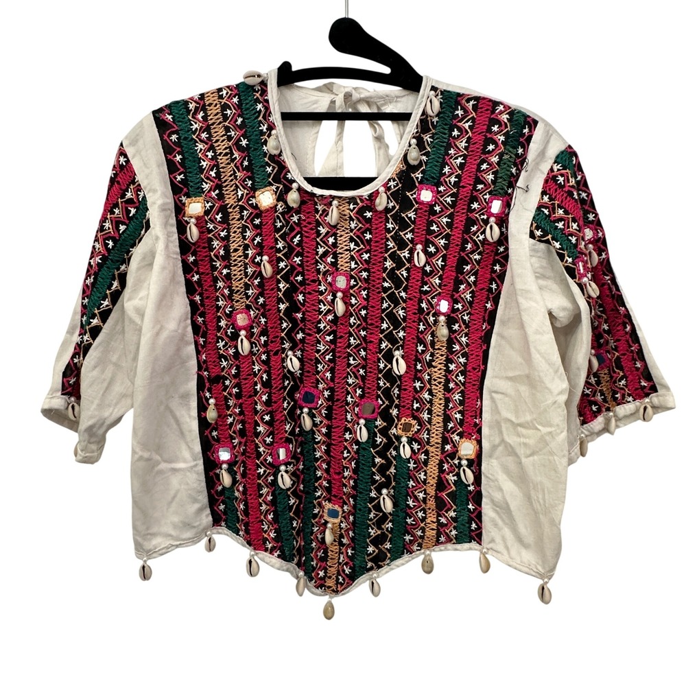 Vintage Banjara Crop Top Kutch Mirror Cowrie Shell Embroidered Boho Festival